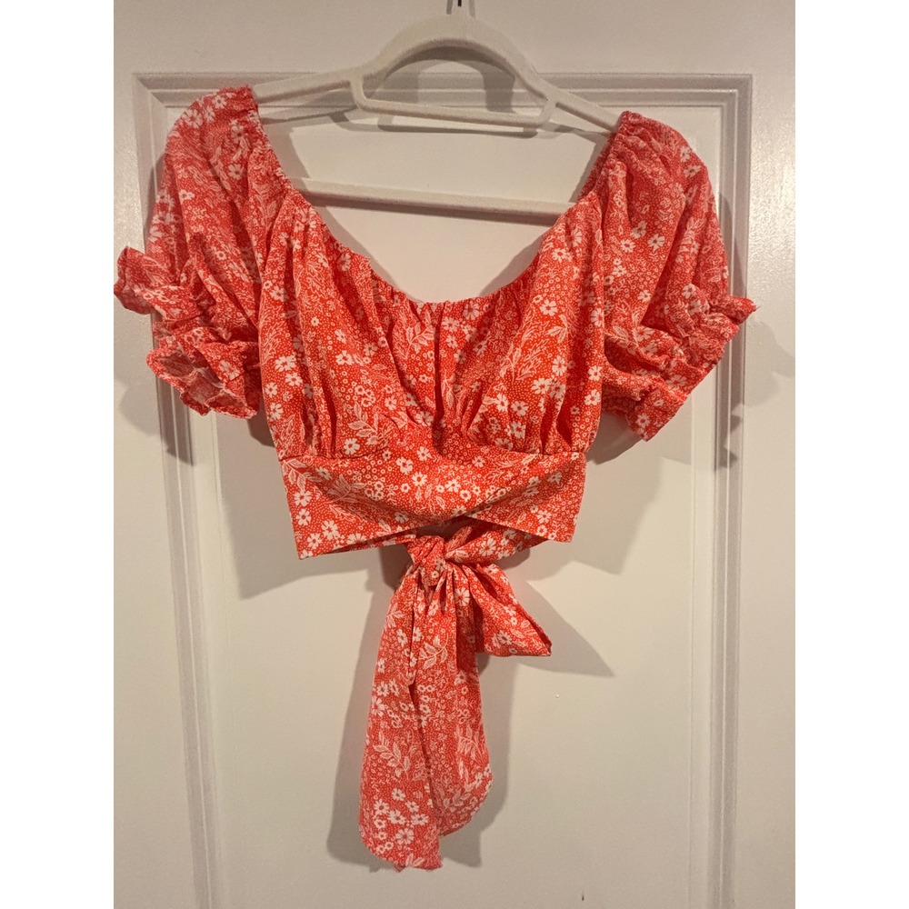 Endless Blu Red Floral Ditsy Tie Front Crop Top Puff Sleeve Womens Large